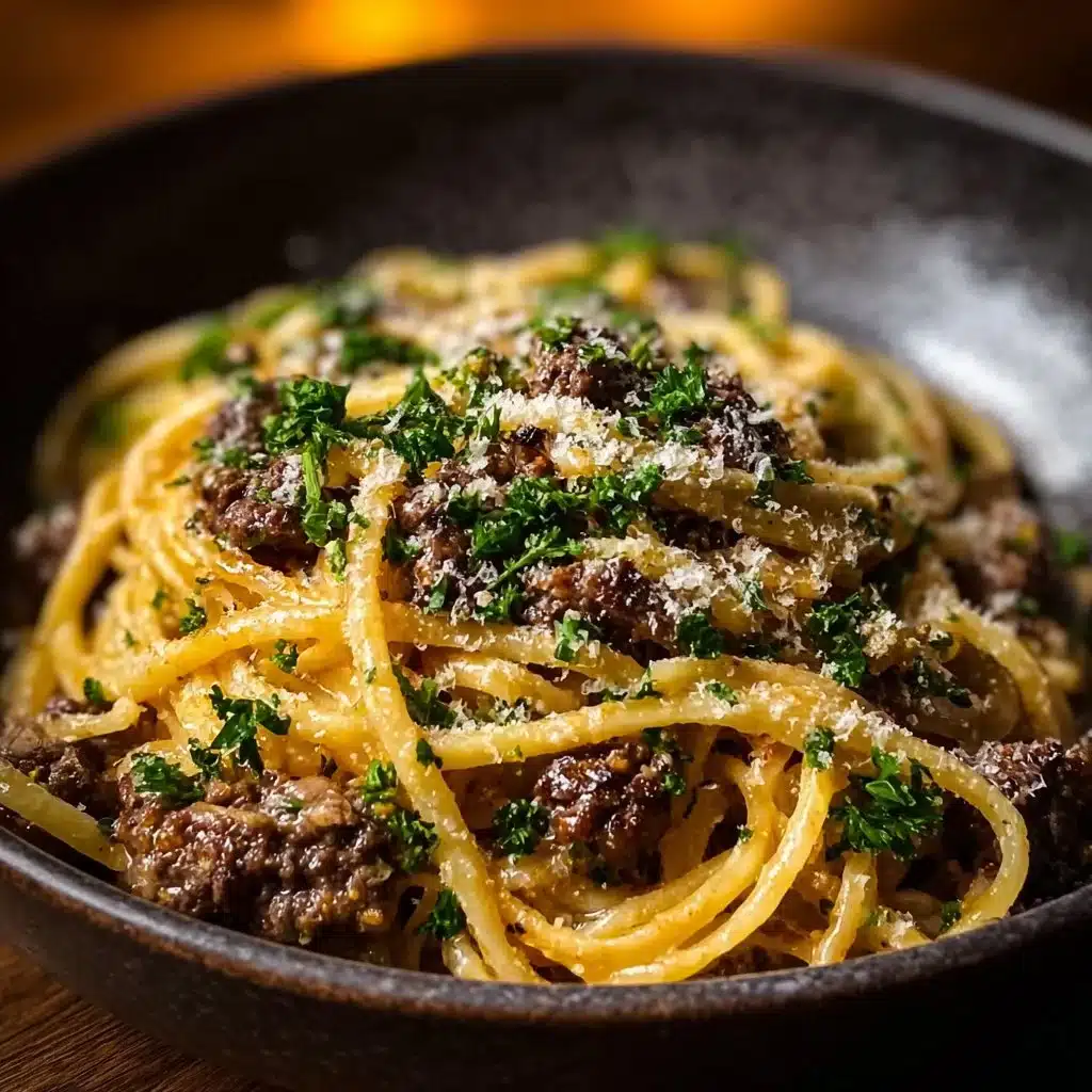 Delicious creamy Parmesan beef linguine in garlic butter sauce served in a bowl.