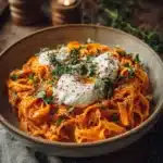 Creamy red pepper pasta dish topped with burrata cheese