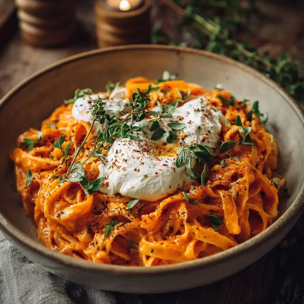 Creamy red pepper pasta dish topped with burrata cheese
