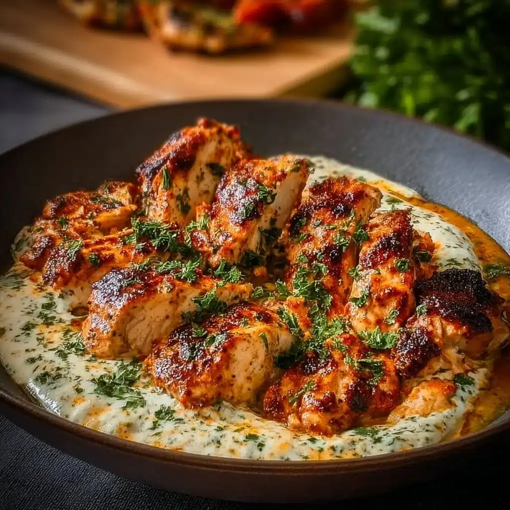 Creamy Turkish Chicken served with spices and herbs on a plate.