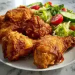 Plate of crispy golden fried chicken with sides, perfect for a hearty meal.