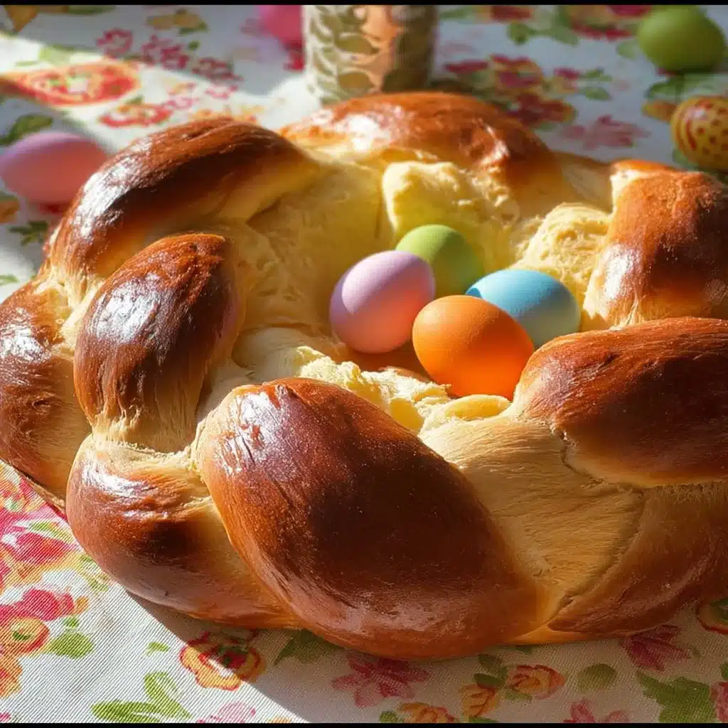 Homemade Easter Bread decorated with colorful eggs and flowers.