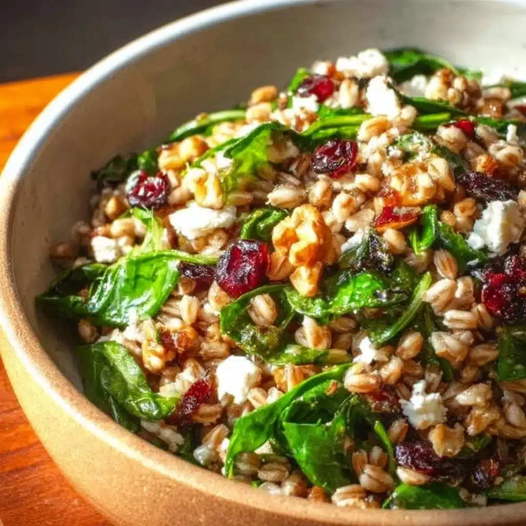 Delicious easy farro salad with fresh vegetables and dressing