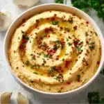 Bowl of easy hummus without tahini served with fresh veggies.