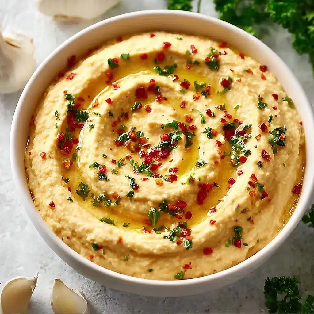 Bowl of easy hummus without tahini served with fresh veggies.