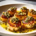 Plate of beautifully cooked easy pan seared scallops garnished with herbs