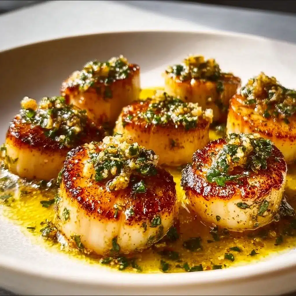 Plate of beautifully cooked easy pan seared scallops garnished with herbs