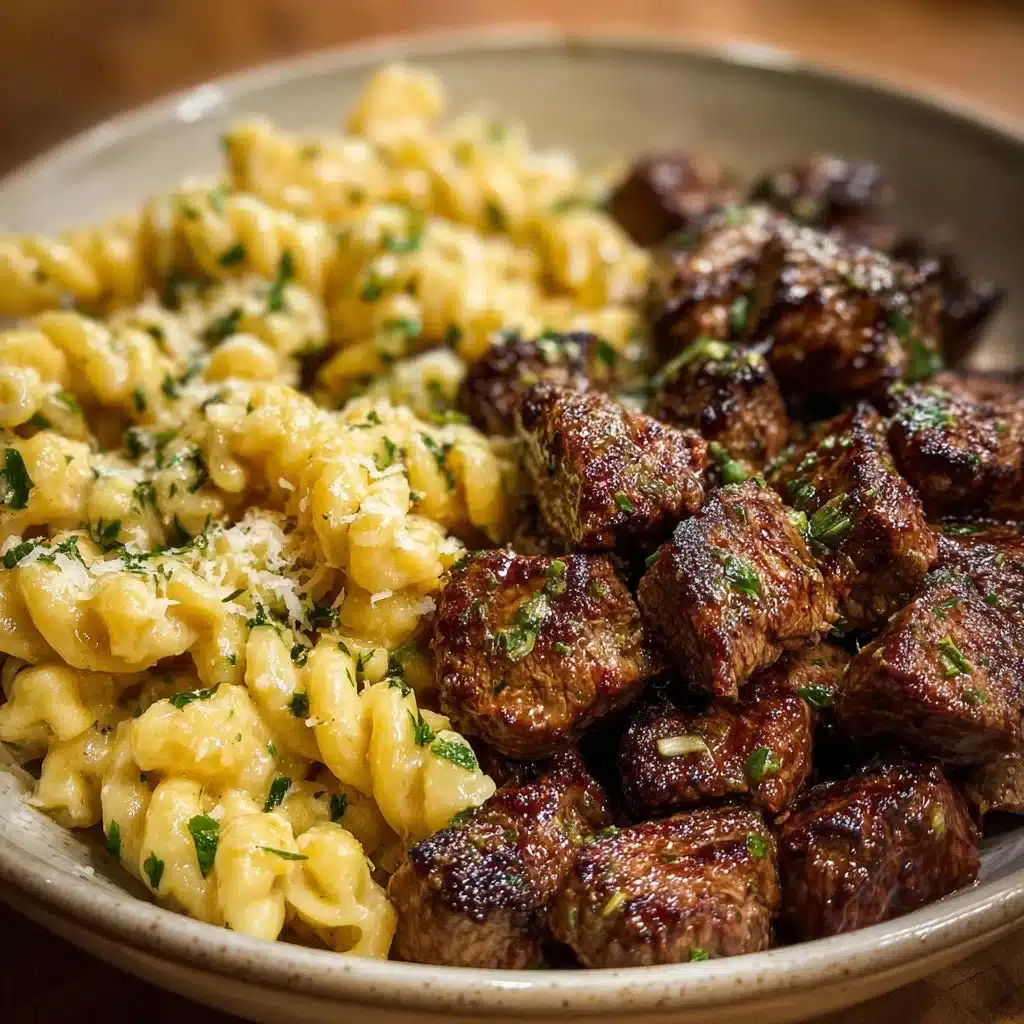 Delicious Garlic Butter Steak Bites served with Cheesy Alfredo Twists