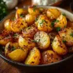 Crispy Garlic Roast Potatoes served in a white bowl.