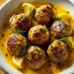 Plate of Greek meatballs in lemon sauce garnished with herbs