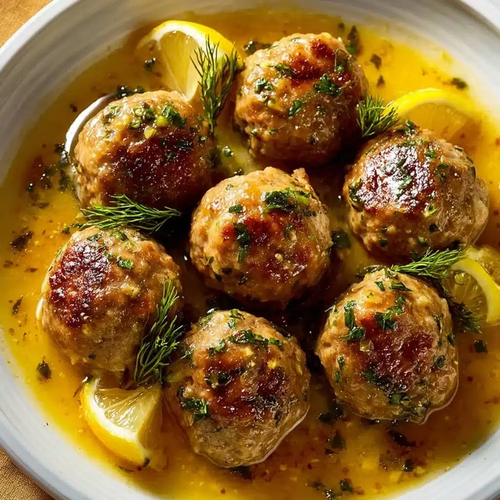 Plate of Greek meatballs in lemon sauce garnished with herbs