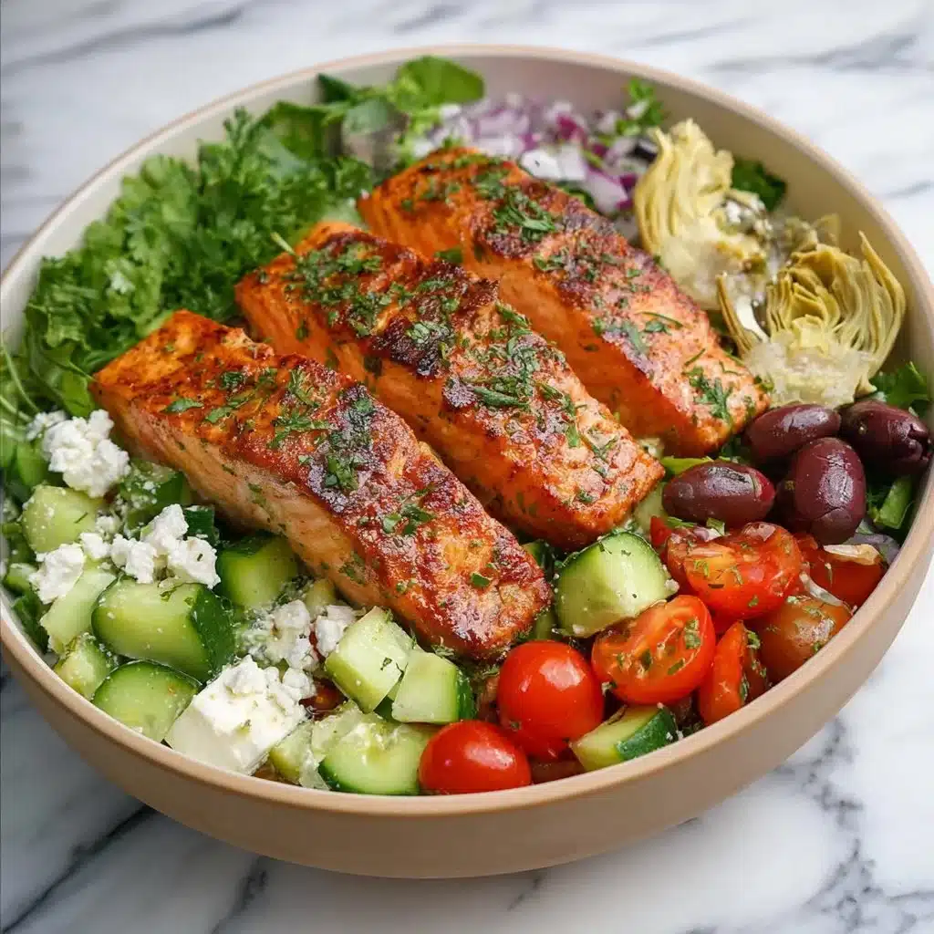 Delicious grilled salmon power bowl with fresh vegetables and grains