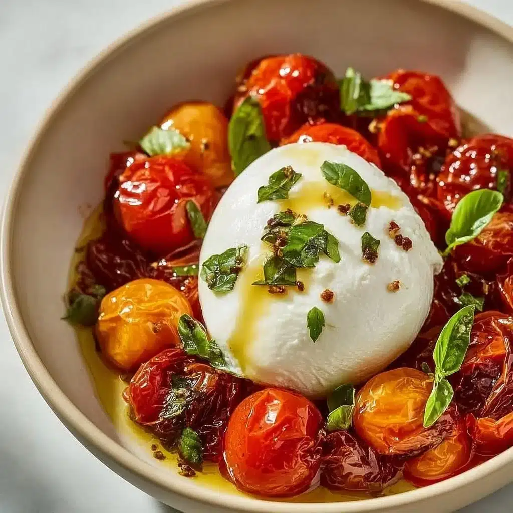 Healthy roasted tomatoes served with burrata cheese on a plate