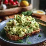 Herby Avocado Egg Salad in a bowl with fresh herbs and ingredients.