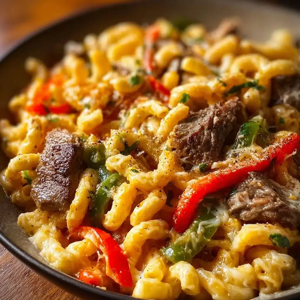 High-Protein Philly Cheesesteak Mac dish topped with melted cheese
