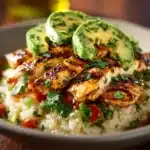 Honey Lime Chicken with Avocado Rice Stack on a plate, garnished with fresh herbs.