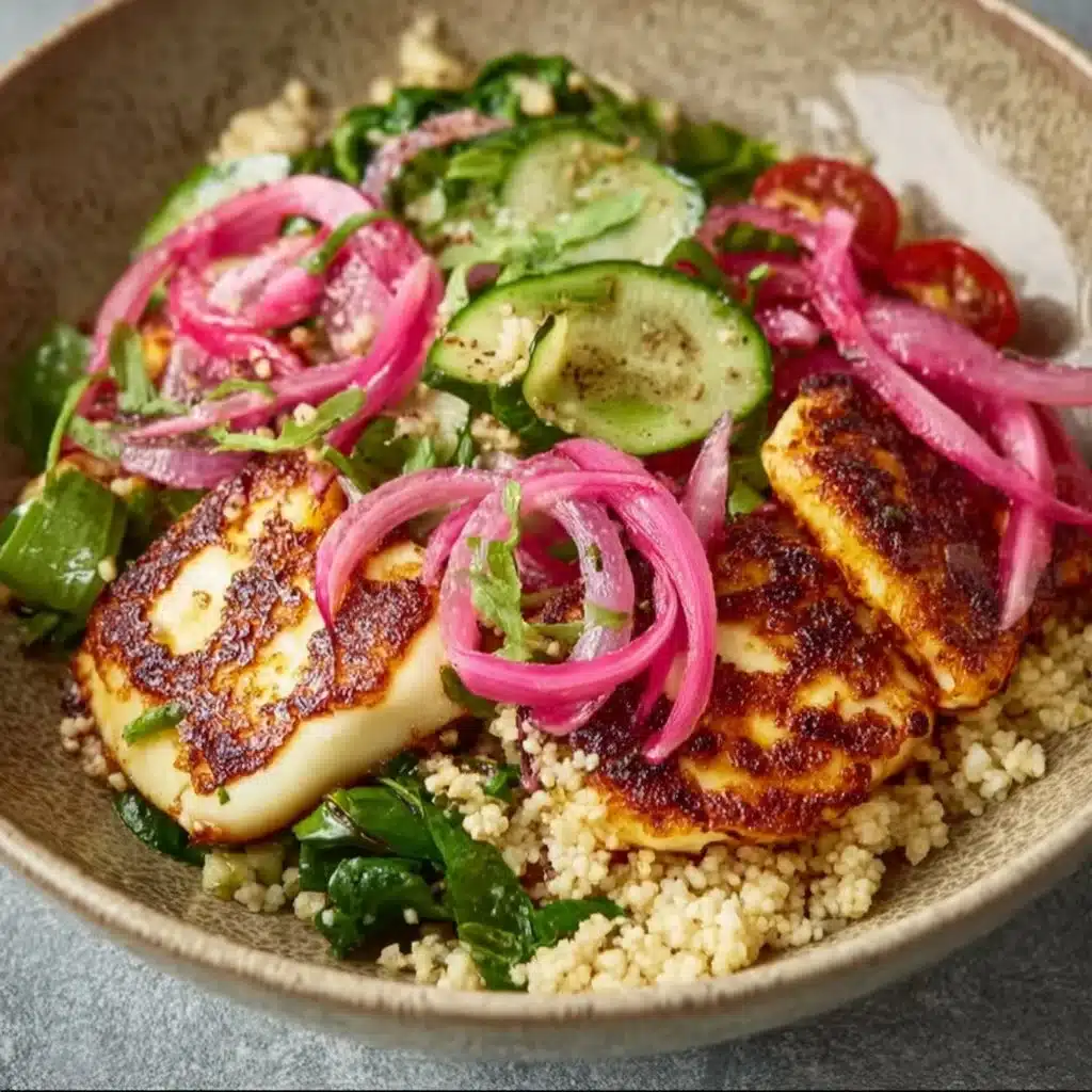 Hot Honey Halloumi and Couscous Salad garnished with leafy greens