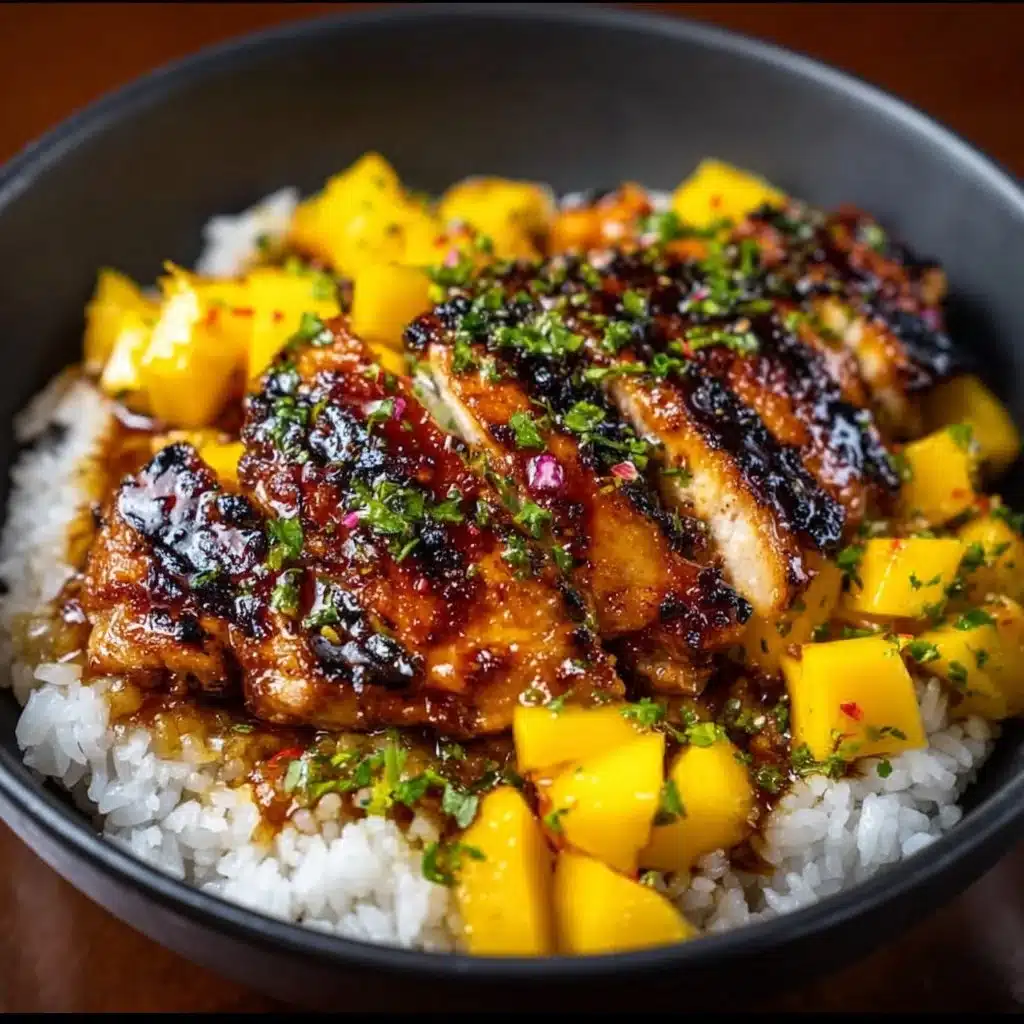 Delicious mango glazed chicken twists garnished with fresh herbs.