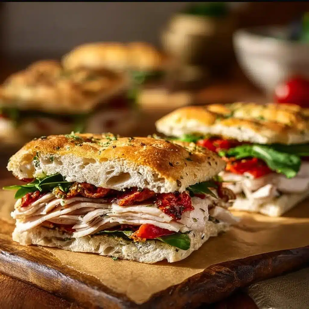 Italian Turkey Focaccia Sandwich with fresh ingredients and herbs