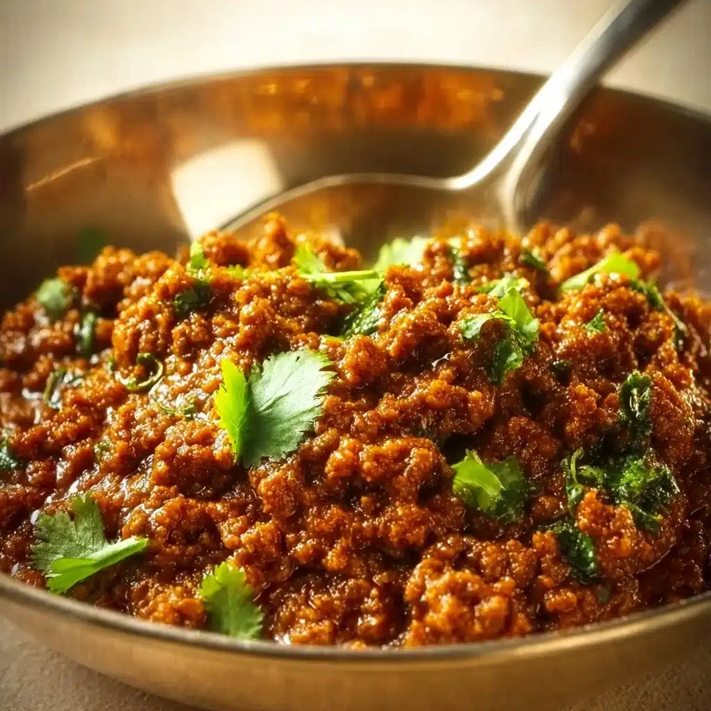 Delicious keema curry served in a bowl with fresh herbs on top.