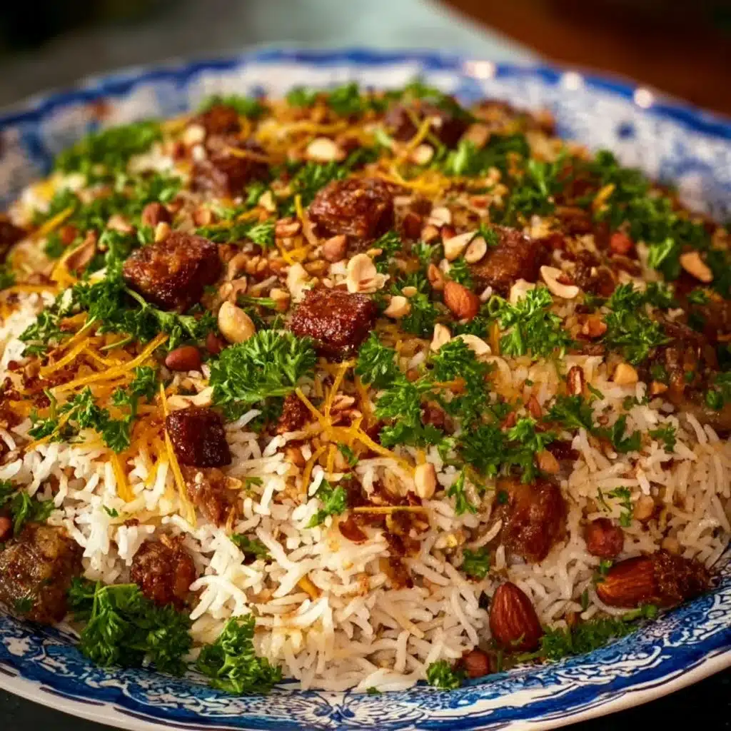 A plate of Lebanese Hashweh with spiced rice and meat garnished with nuts