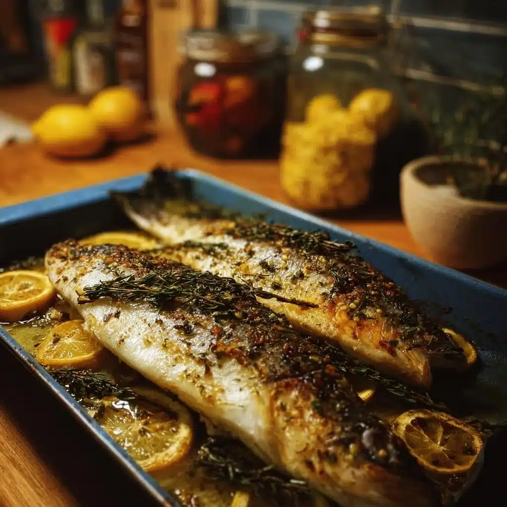 Lemon and Herb Baked Branzino garnished with fresh herbs and lemon slices