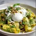 Lemon Pesto Rigatoni topped with Burrata and Roasted Pine Nuts on a plate