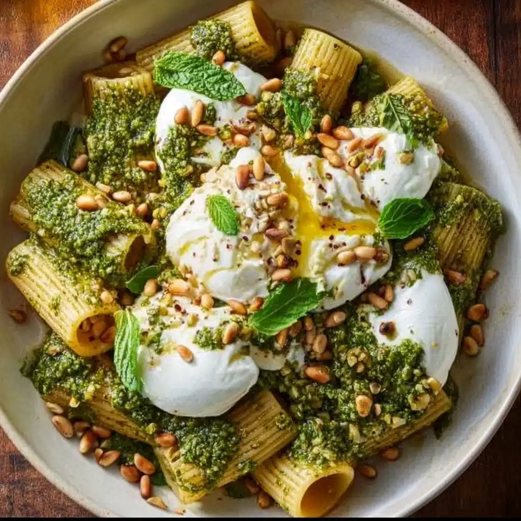 Lemon Pesto Rigatoni with Burrata & Roasted Pine Nuts Recipe