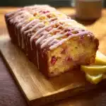 Sliced Lemon Rhubarb Loaf with fresh lemon and rhubarb toppings
