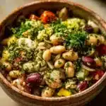 Dense bean salad inspired by Maroulasalata with fresh vegetables and herbs