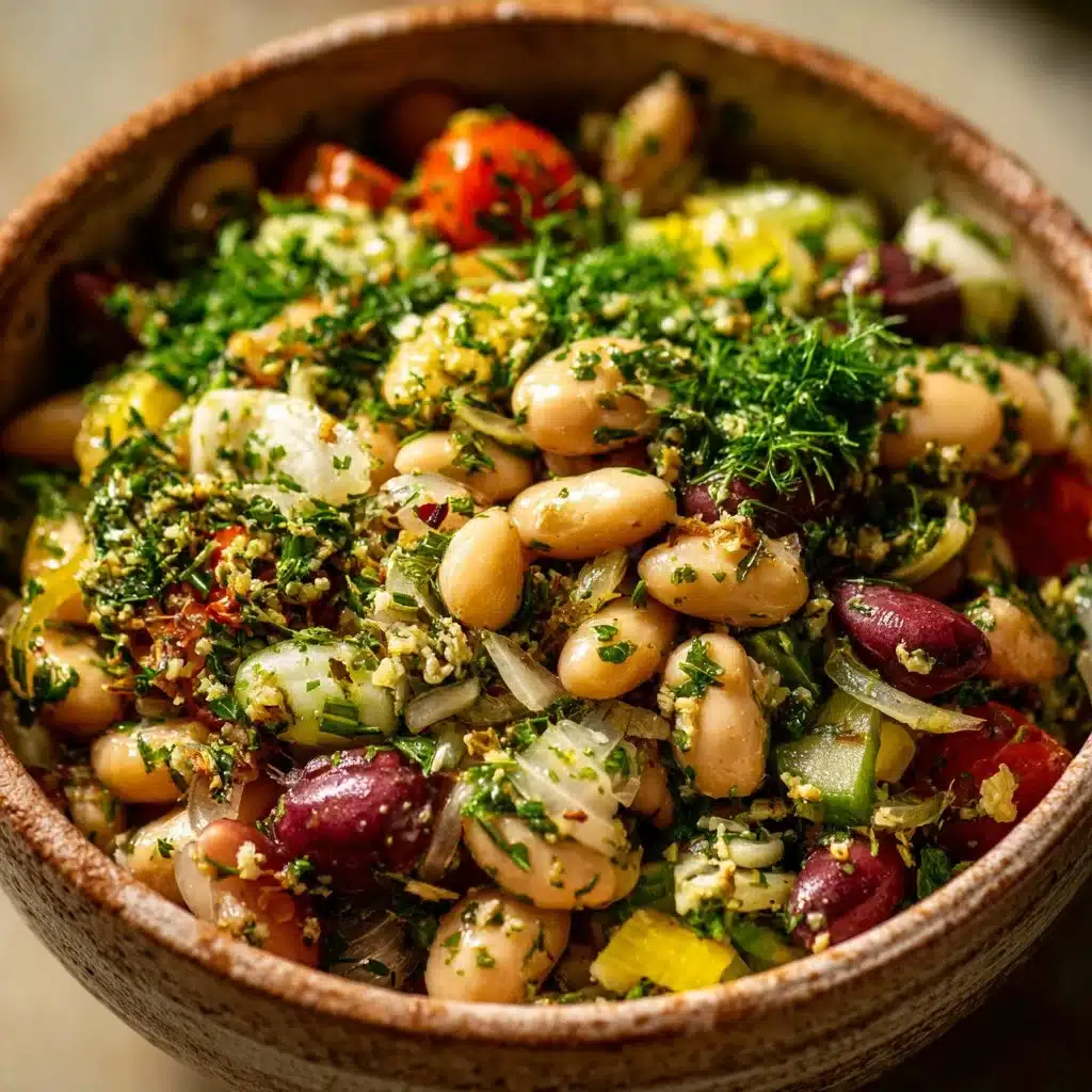Dense bean salad inspired by Maroulasalata with fresh vegetables and herbs