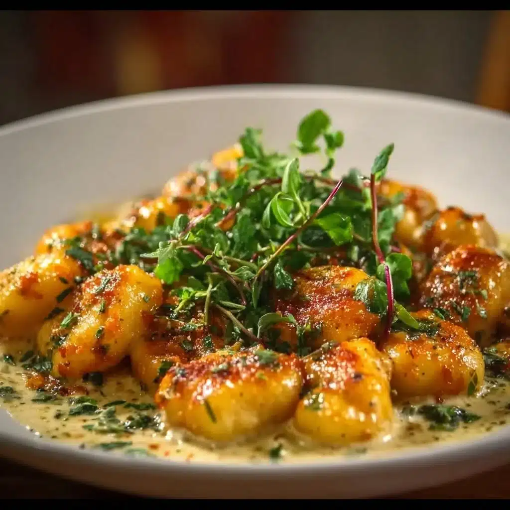 Delicious Millionaire Gnocchi topped with creamy Parmesan sauce on a plate.