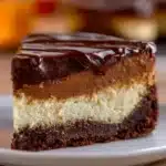 Delicious no bake brownie batter cheesecake topped with chocolate drizzle.