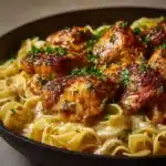 One-pan chicken with buttered noodles dish served in a skillet.
