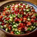 Bowl of fresh Persian Shirazi salad with tomatoes, cucumbers, and herbs
