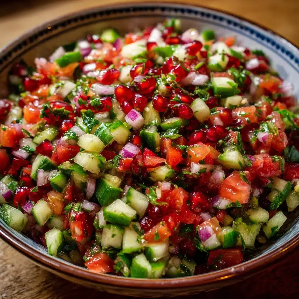 Bowl of fresh Persian Shirazi salad with tomatoes, cucumbers, and herbs