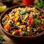 Bowl of quinoa salad with corn and black beans, garnished with fresh herbs.