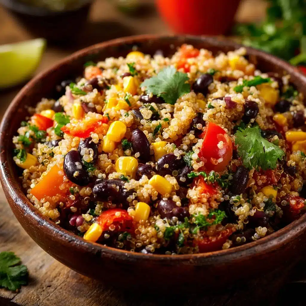 Bowl of quinoa salad with corn and black beans, garnished with fresh herbs.