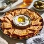 A bowl of crunchy red lentil crackers on a wooden table.