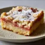 A delicious plate of rhubarb dream bars garnished with fresh rhubarb.