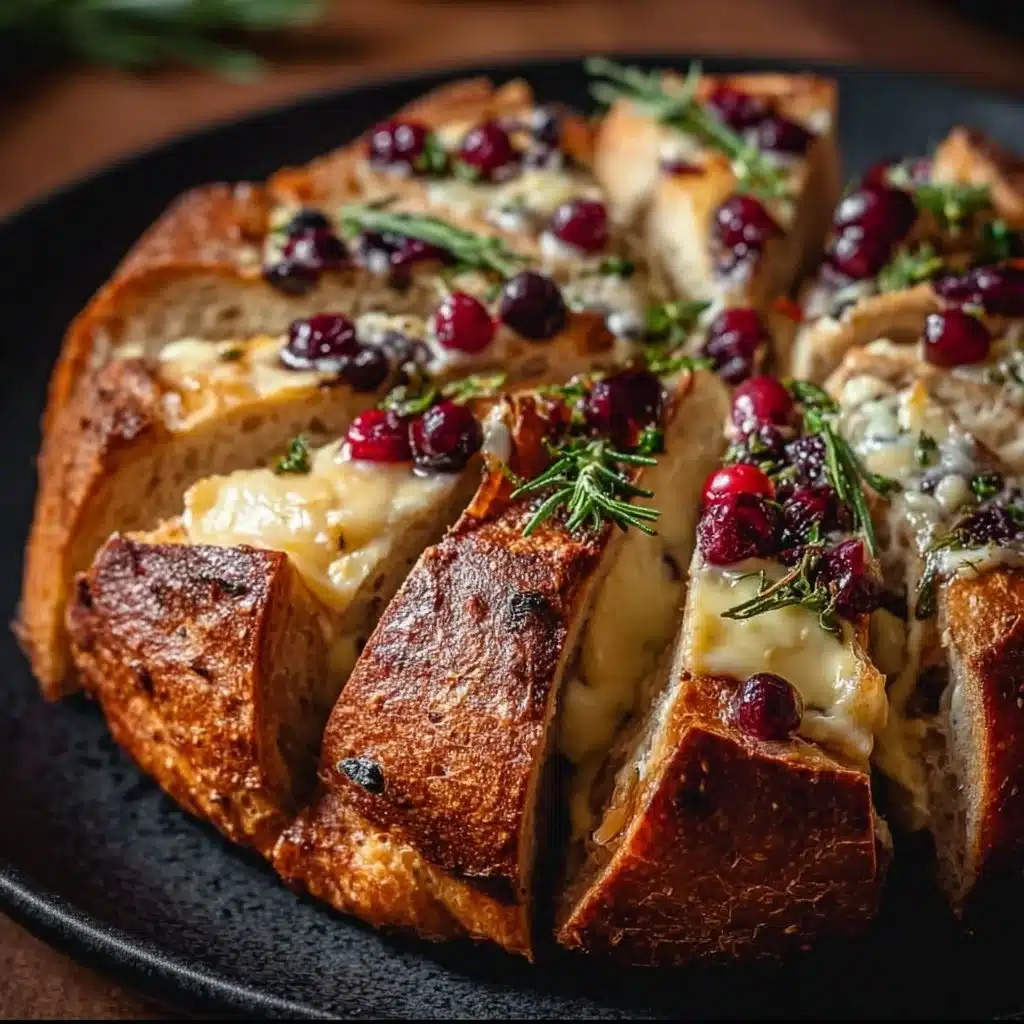 Sourdough Cranberry Brie Bread fresh out of the oven with melting cheese and cranberries