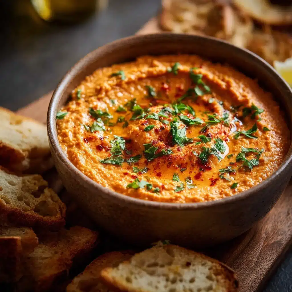 Spicy red lentil dip served in a bowl with fresh herbs and pita bread.