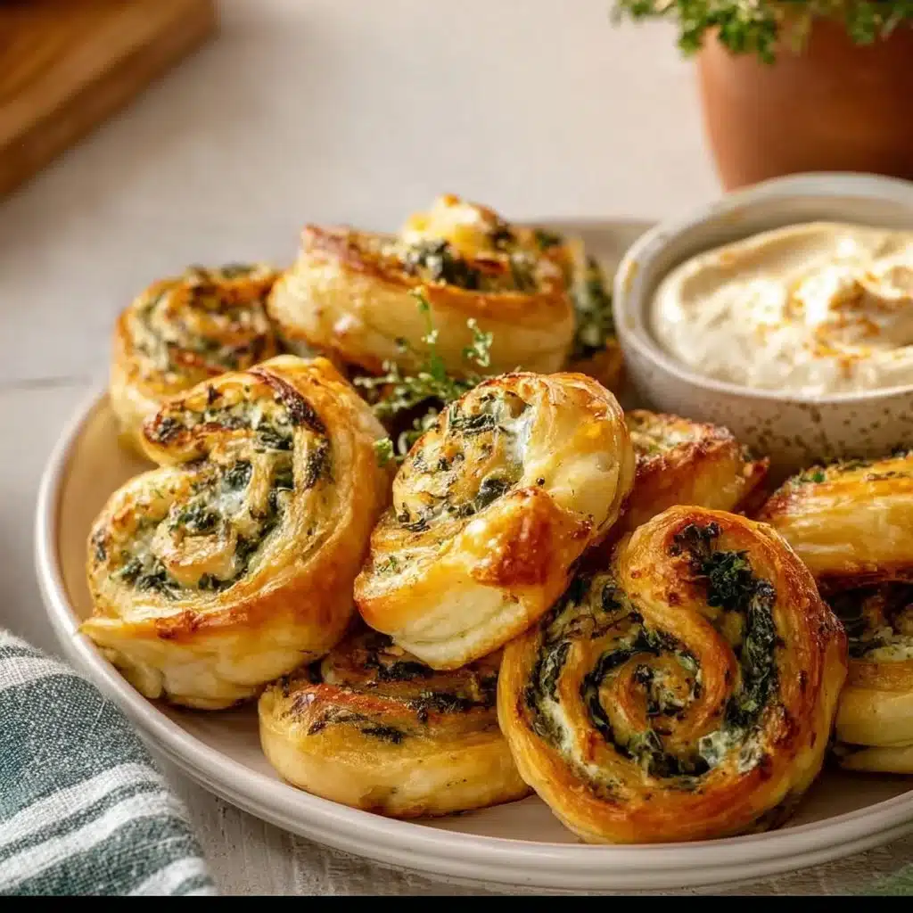 Delicious Spinach and Feta Pinwheels on a serving platter.