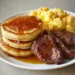 Plate of steak pancakes topped with syrup and fresh berries for breakfast.