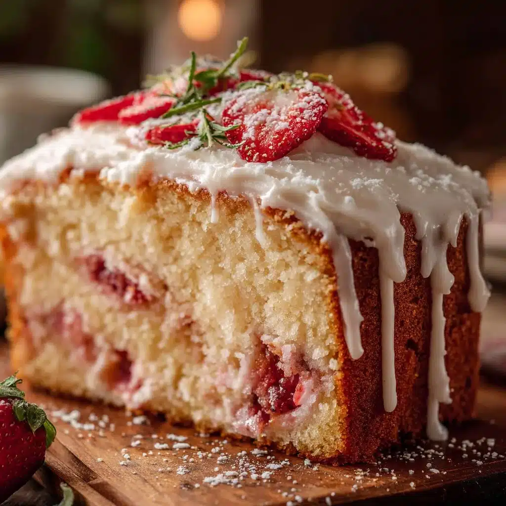 Delicious slice of Strawberry Italian Cream Pound Cake with fresh strawberries