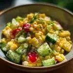 Street Corn Creamy Cucumber Salad featuring fresh cucumbers and creamy dressing.
