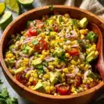 Delicious summer corn salad with avocado, fresh vegetables, and herbs.