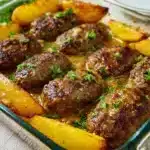 Plate of tahini kofta served with roasted potatoes