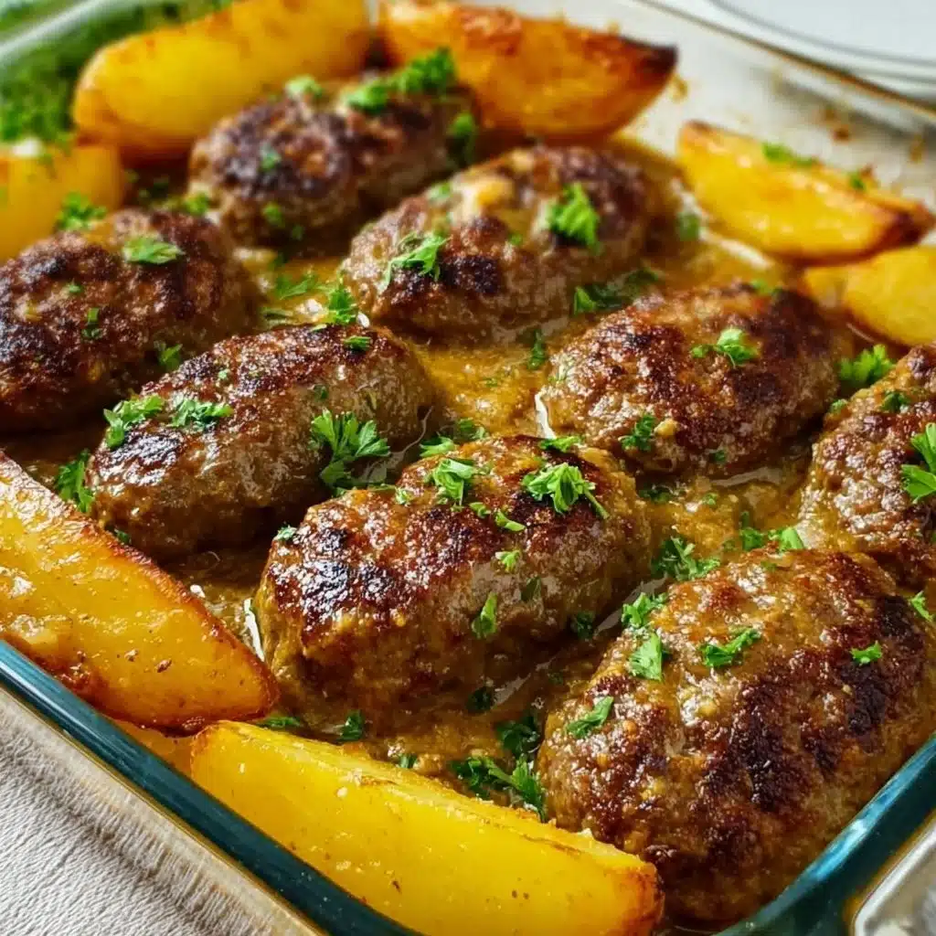 Plate of tahini kofta served with roasted potatoes