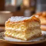 Slice of Thousand Leaves Italian Custard and Puff Pastry Cake on a plate